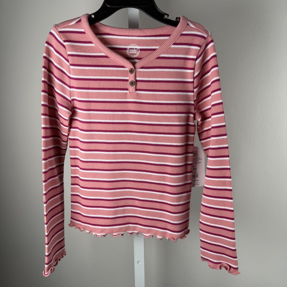 Girls Long Sleeve Henley Tee S 6/6x Pink White Stripped Waffle Texture‎ Classic